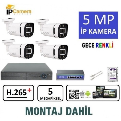 5MP IP KAMERA GECE RENKLİ UHD KAMERA SETİ DIŞ MEKAN MONTAJ DAHİL