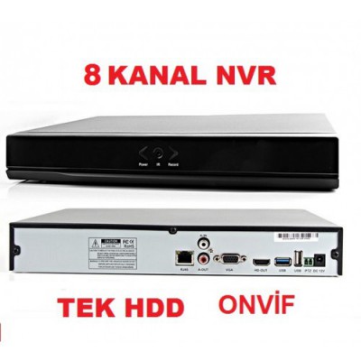 8 KANAL Onvif NVR 2MP IP Kayıt Cihazı Tek HDD'li
