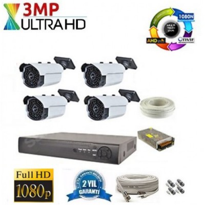 4 Kameralı 3Mp UltraHD 63 LED AHD Kamera Sistemi
